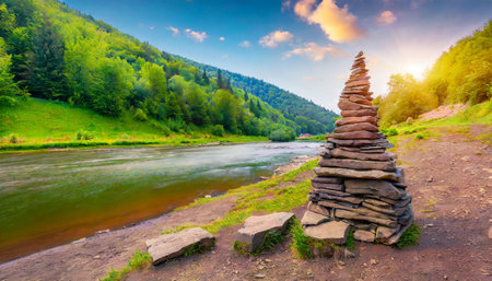 nice summer view of stone pyramid is laid out by tourists on the shore of zhenets river amazing outdoor scene of carpathian mountains ukraine europe beauty of nature concept backgroundの素材
