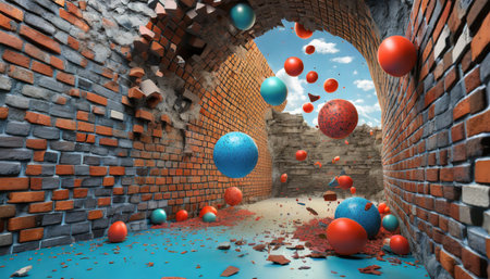 3d image of a tunnel with a destroyed brick wall and balls flying out of itの素材