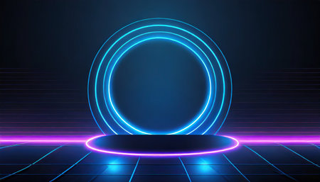 neon blue color geometric circle on dark backgroundの素材