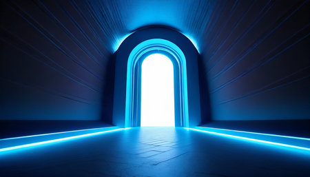 3d render abstract minimalist blue geometric background bright neon light doorway portal glowing in the darkの素材