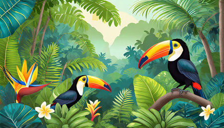 illustration of a tropical rainforest with toucans generative aiの素材