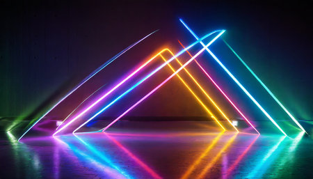 3d render abstract neon background of dynamic lines glowing in the dark room with floor reflection fluorescent ribbonの素材