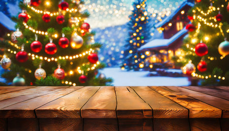 christmas holiday background with empty wooden tableの素材