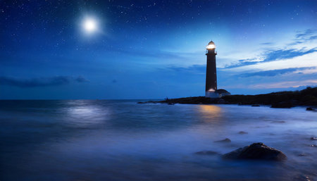 beautiful night seascape with lighthouse at blue dark nightの素材