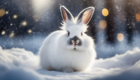 white funny fluffy rabbit in the snowの素材