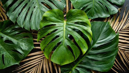 closeup nature view of green monstera leaf and palms background flat lay dark nature concept tropical leafの素材