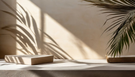 minimalistic abstract gentle light beige background for product presentation with light andand intricate shadow from the window and vegetation on wallの素材