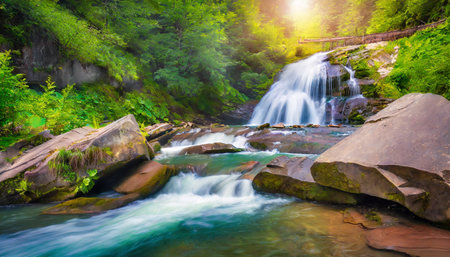 marvelous summer scene of pid skelyamy waterfall green morning view of sukel river stunning landscape of carpathian mounatains ukraine europe beauty of nature concept backgroundの素材