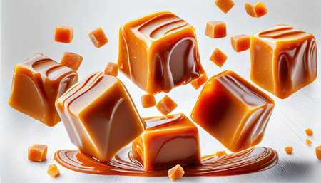 flying caramel cubes isolated on white backgroundの素材