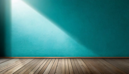 blue turquoise empty wall and wooden floor with interesting with glare from the window interior background for the presentationの素材