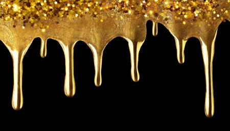 top border of glittering shiny metallic gold paint flowing and dripping downward isolated on blackの素材