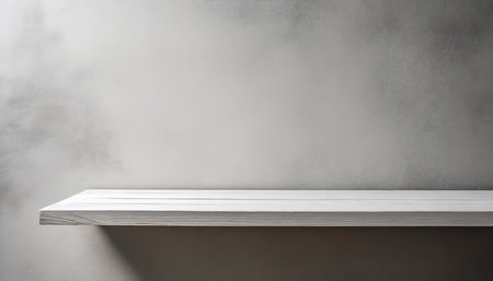 universal minimalistic background for product presentation white empty shelf on a light gray wallの素材