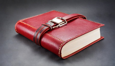 red leather book with belts captured isolatedの素材
