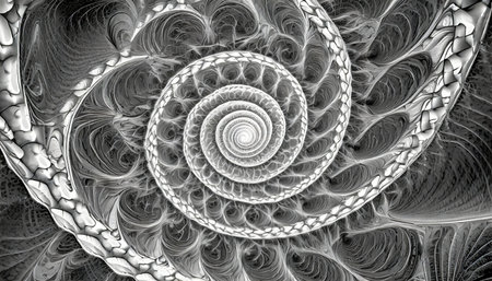 inside tracks a digital fractal creation with a spiral track design in black and whiteの素材
