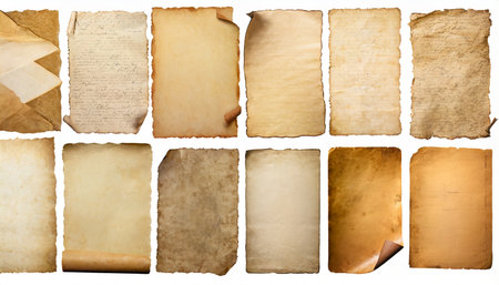 old paper or parchments collection isolated on whiteの素材