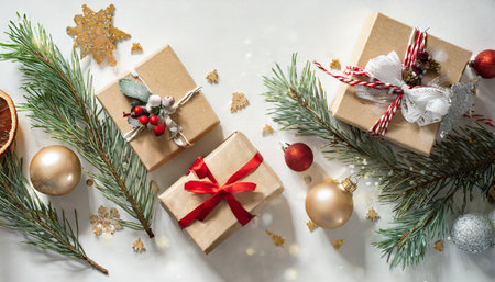 christmas and new year holiday background with xmas gifts on white top view flat lay greeting card noelの素材