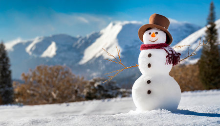panoramic view of happy snowman in winter scenery close upの素材