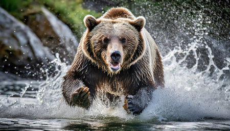 angry grizzly bear in rage sprinting in water towards cameraの素材