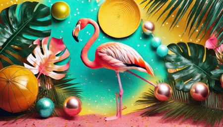 flamingo tropical disco style bright background travel conceptの素材