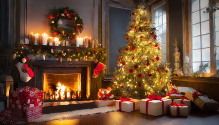 cozy and festive christmas scene with glowing tree fireplace and presents in a dark roomの素材