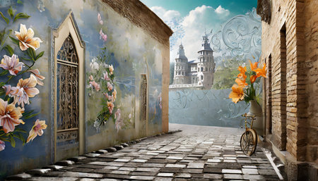 3d image old town street 3d wallpaper and mural wallpaper on the wallの素材