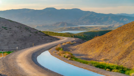 close up of unpaved road winding around hill with water pools framed by distant mountainsの素材