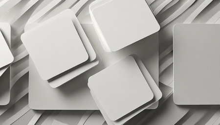 3d render abstract white geometric background minimal flat lay twisted deck of square blank cards with rounded cornersの素材