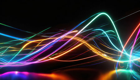 3d render abstract neon wallpaper glowing dynamic lines over black background light drawing trajectoryの素材
