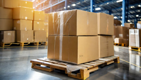 cardboard boxes on a pallet wrapped in plastic wrap ready for delivery in a warehouse logistics warehouse delivery concept backgroundの素材