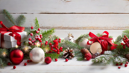 festive christmas arrangement on white wooden backgroundの素材