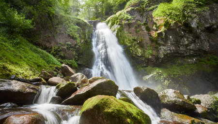 waterfall in a green forest with rocks and green mossの素材