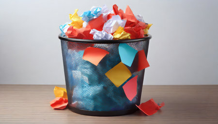 office bin with paper trash isolated on white backgroundの素材