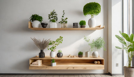 wood floating shelf with plants and vases on white wall interior design of modern living room generative aiの素材