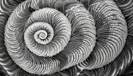 mussel shells in black and white an optically challenging abstract fractal work with a circular geometric fibonacci pattern in black and whiteの素材