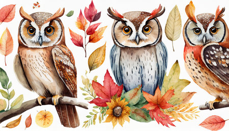 watercolor style illustration of cute owl bird and autumn foliage winter and fall collection set isolated on white background generative aiの素材
