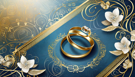golden blue wedding or marriage invitation card design template with engagement rings and floral patternの素材