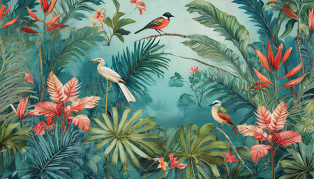 tropical wallpaper background with plants and birds generative aiの素材