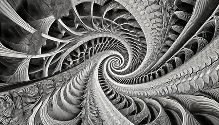 inside tracks a digital fractal creation with a spiral track design in black and whiteの素材