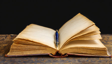 opened old book with aged pages with a pen between pagesの素材