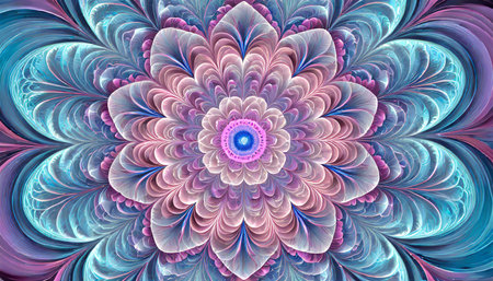 concentric petals in blue and pink an abstract fractal work with an optically challenging floral pattern in pink blue and violetの素材