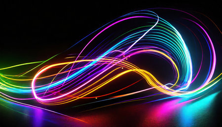 3d render abstract neon wallpaper glowing lines over black background light drawing trajectory twisted ribbonの素材
