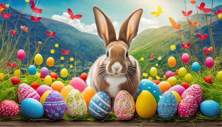 happy easter bunny with many colorful easter eggs generative aiの素材