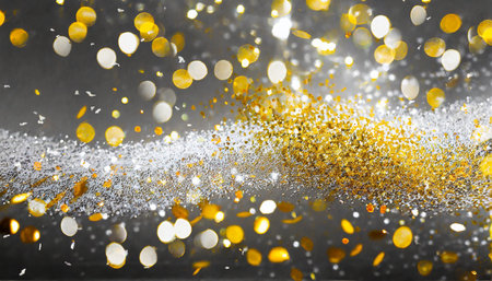 silver and golden christmas particles and sprinkles for a holiday celebration like christmas or new year shiny white lights wallpaper background for ads or gifts wrap and web design generative aiの素材