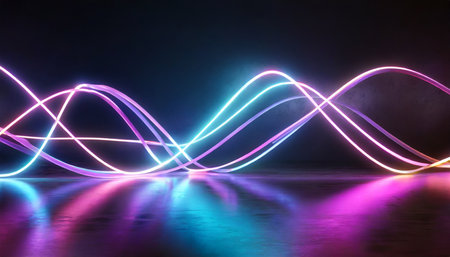 3d render abstract background of neon ribbon fluorescent ines glowing in the dark room with floor reflection fantastic panoramic wallpaper digital data transfer energy conceptの素材