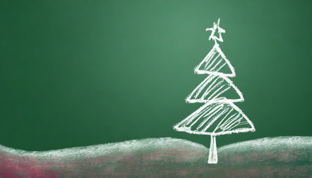 single line white crayon doodle of small christmas tree on greenの素材