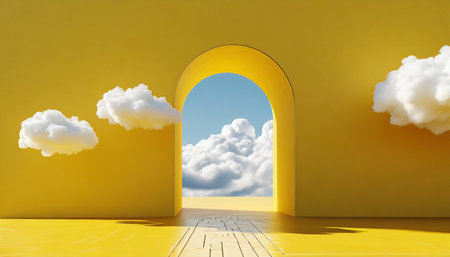 3d render abstract minimal yellow background with white clouds flying out the tunnelの素材