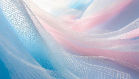 minimalistic abstract blurred background of light blue and pink colors in pastel gentle shades shining light through a thin weave flying in the windの素材