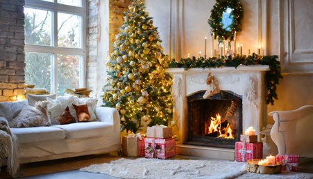 christmas interior with tree presents and fireplaceの素材