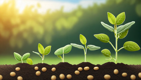 soy growth stages soybean vegetable plant grow cycle vector seedling phases soy beans growing process from seed in soil to sprout garden and agriculture vegetables crops harvestの素材