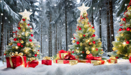 christmas trees with red and gold decorations in a snowy forest with star shaped flakes and giftsの素材